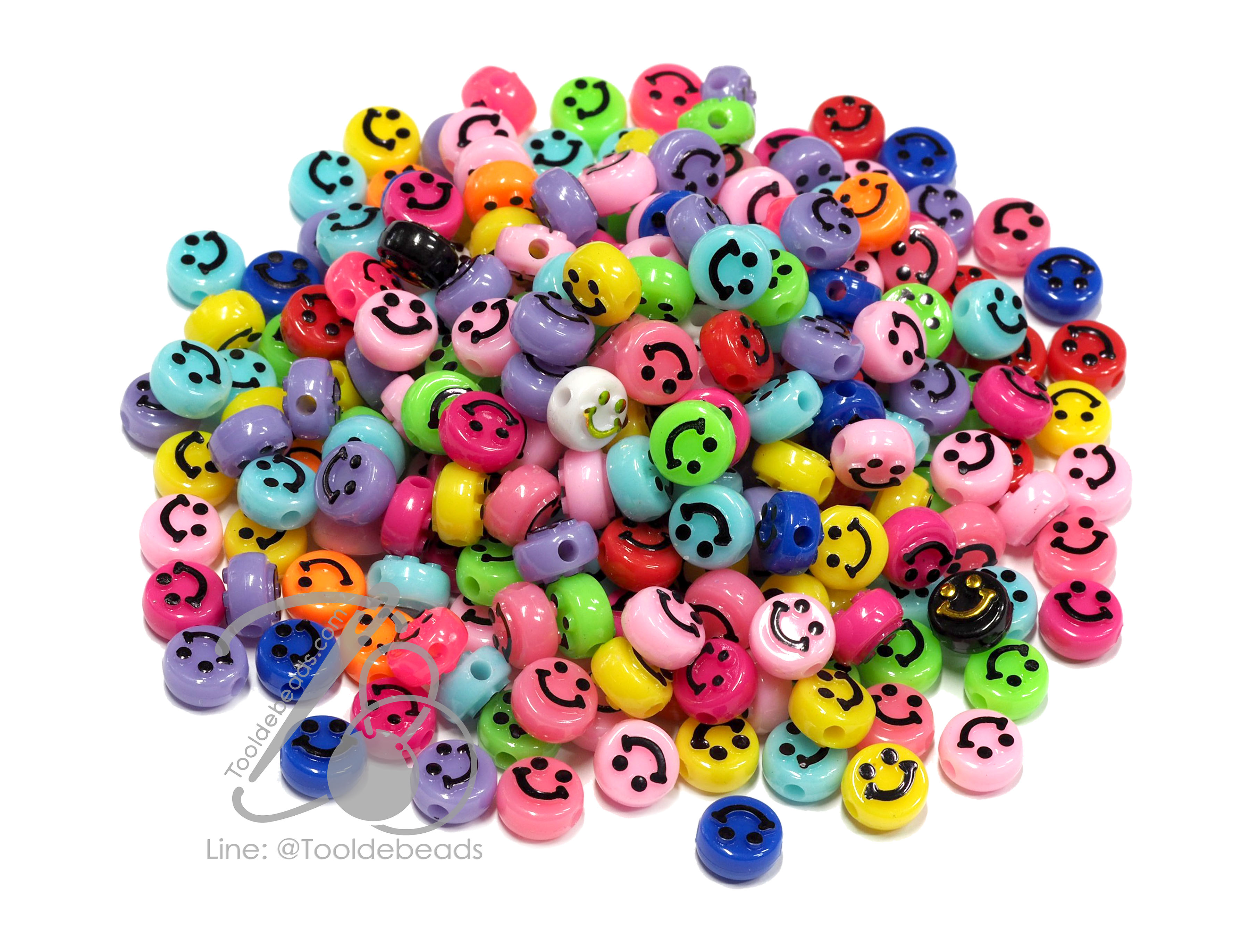 ลูกปัดอะคริลิค 10มม. ลายหน้ายิ้มเนื้อเงา คละสี (100 กรัม) SKU-13900