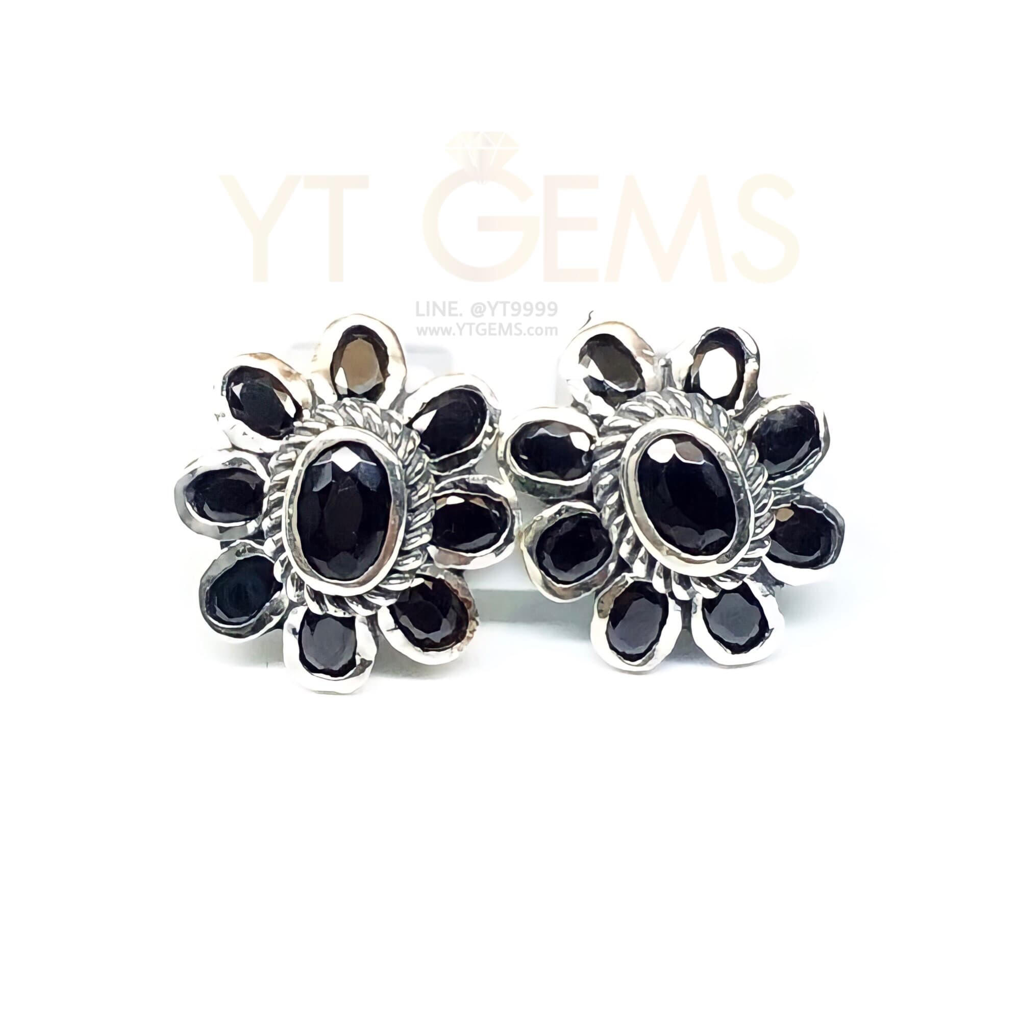 ต่างหูนิล ทรงดอกไม้ ต่างหูเงินแท้ รมดำ พลอยนิล (CZ) YTG-10165 YTGEMS