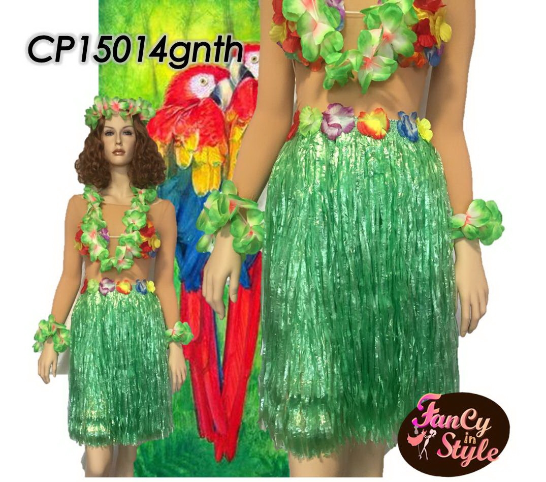 กระโปรงฮาวายอย่างหนา ความยาว 22.5 นิ้ว สีเขียวรวม set มาลัยดอกไม้ 4 ชิ้น/Long Skirt Hawaii Comestume with flower set