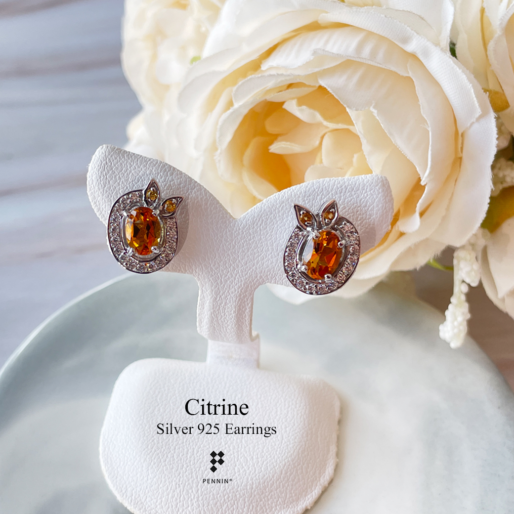 ต่างหูซิทริน Citrine 7x5mm ผูกโบว์ ประดับพลอยซิทริน ล้อมเพชรสวิส CZ เกรด TOP 6A เงินแท้ชุบทองคำขาว แบบสวยน่ารัก