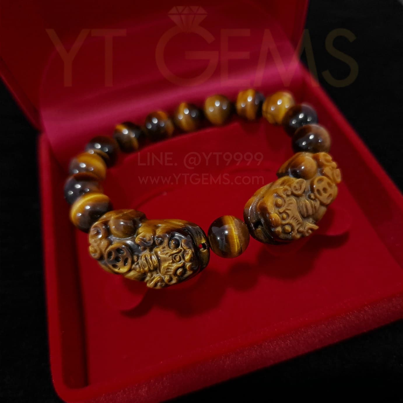 สร้อยข้อมือ ปี่เซียะคู่ หินไทเกอร์อายแท้ (หินตาเสือ) 10 มม. หินแท้ YTG-8656 YTGEMS