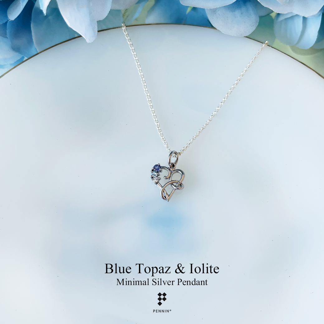 จี้พลอยบลูโทแพซ (Blue Topaz) ไอโอไลต์ (Iolite) รูปหัวใจ แบบหวานน่ารัก มินิมอล พร้อมสร้อยเงิน 16 นิ้ว