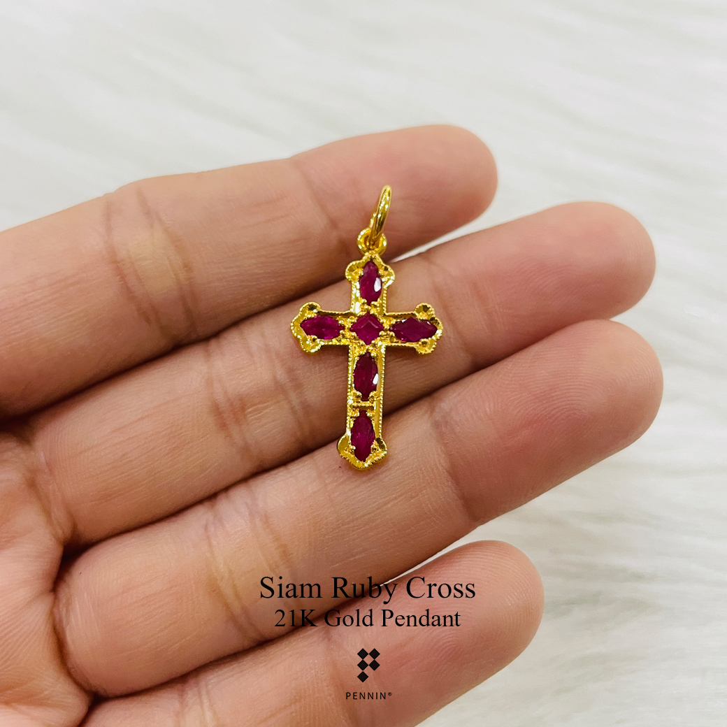 จี้กางเขนทองคำแท้ ประดับพลอยทับทิมสยาม เผาเก่า งานขึ้นมือทอง 90 พลอยแท้จันทบุรี