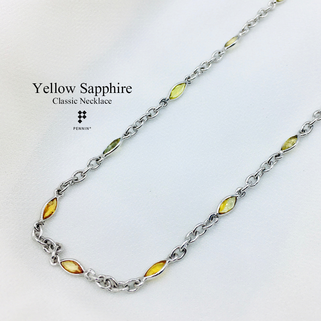 สร้อยคอบุษราคัม บางกะจะ จันทบุรี บุษทรงมาคี 5.5x3mm หุ้มผ่าหวายเงินแท้ 92.5% ชุบทองขาว ยาว 24" สวย คลาสสิก