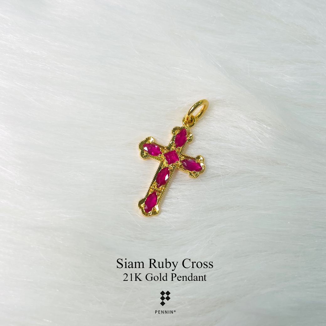 จี้กางเขนทองคำแท้ ประดับพลอยทับทิมสยาม เผาเก่า งานขึ้นมือทอง 90 พลอยแท้จันทบุรี