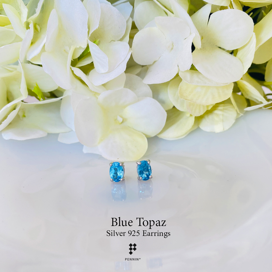 ต่างหูบลูโทแพซสีฟ้า (Blue Topaz) 7x5mm สีฟ้าสดใส 1.87ct แบบเม็ดเดี่ยว ฝังหนามเตย ใส่ติดหู ได้ทุกโอกาส