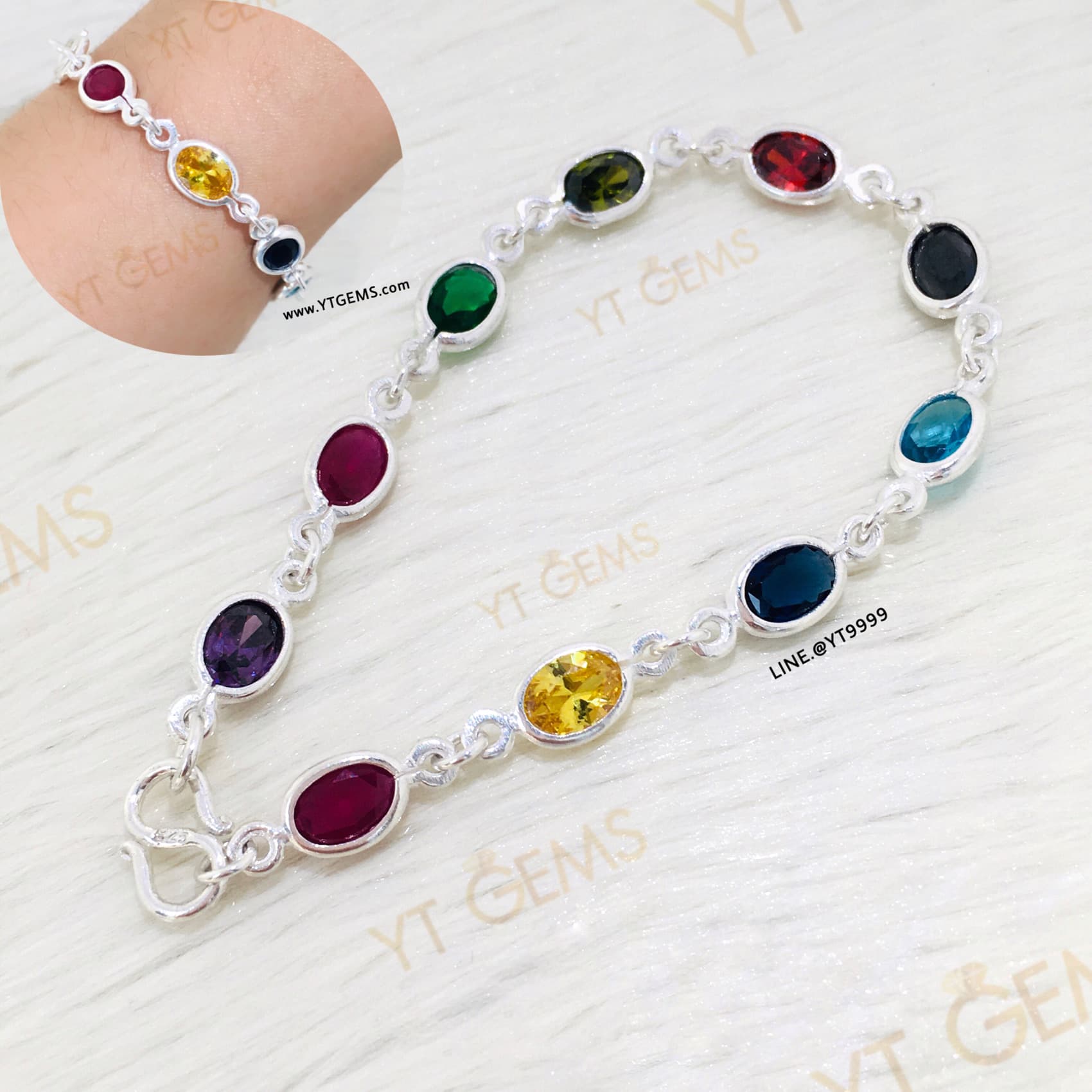 สร้อยข้อมือนพเก้า สร้อยข้อมือเงินแท้ พลอยหลากสี (CZ) YTG-9038 YTGEMS