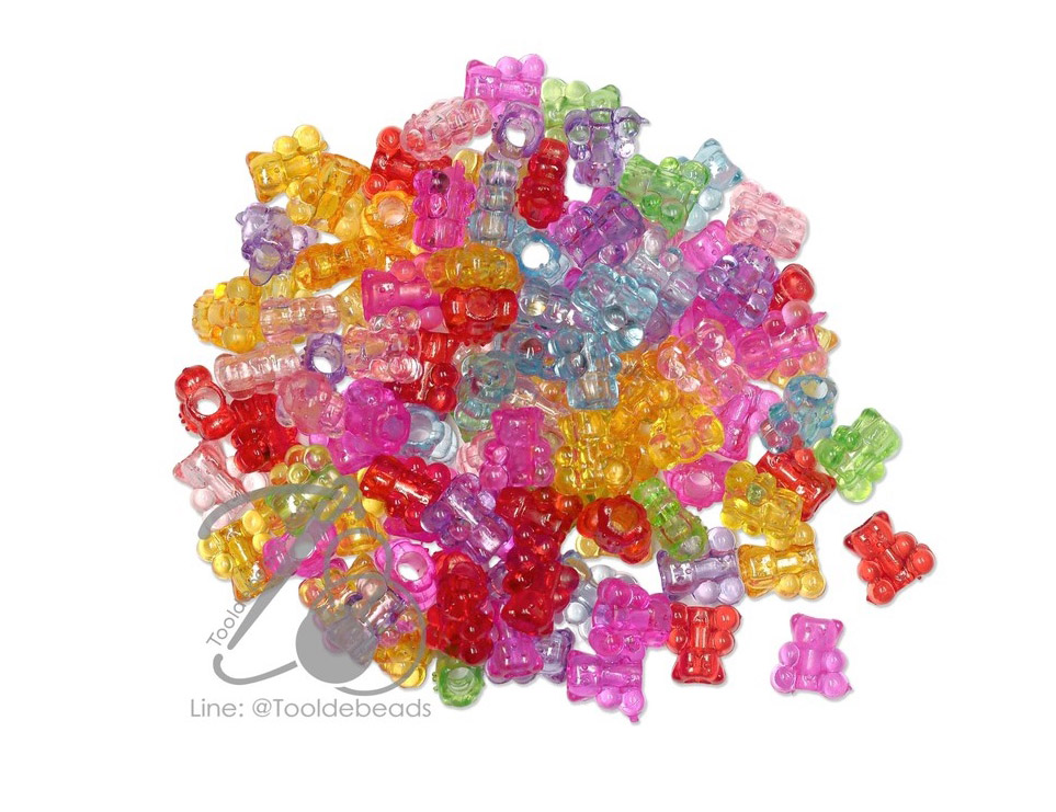 ลูกปัดอะคริลิค 10มม. ลายหมี คละสีใส (500 กรัม) SKU-13205