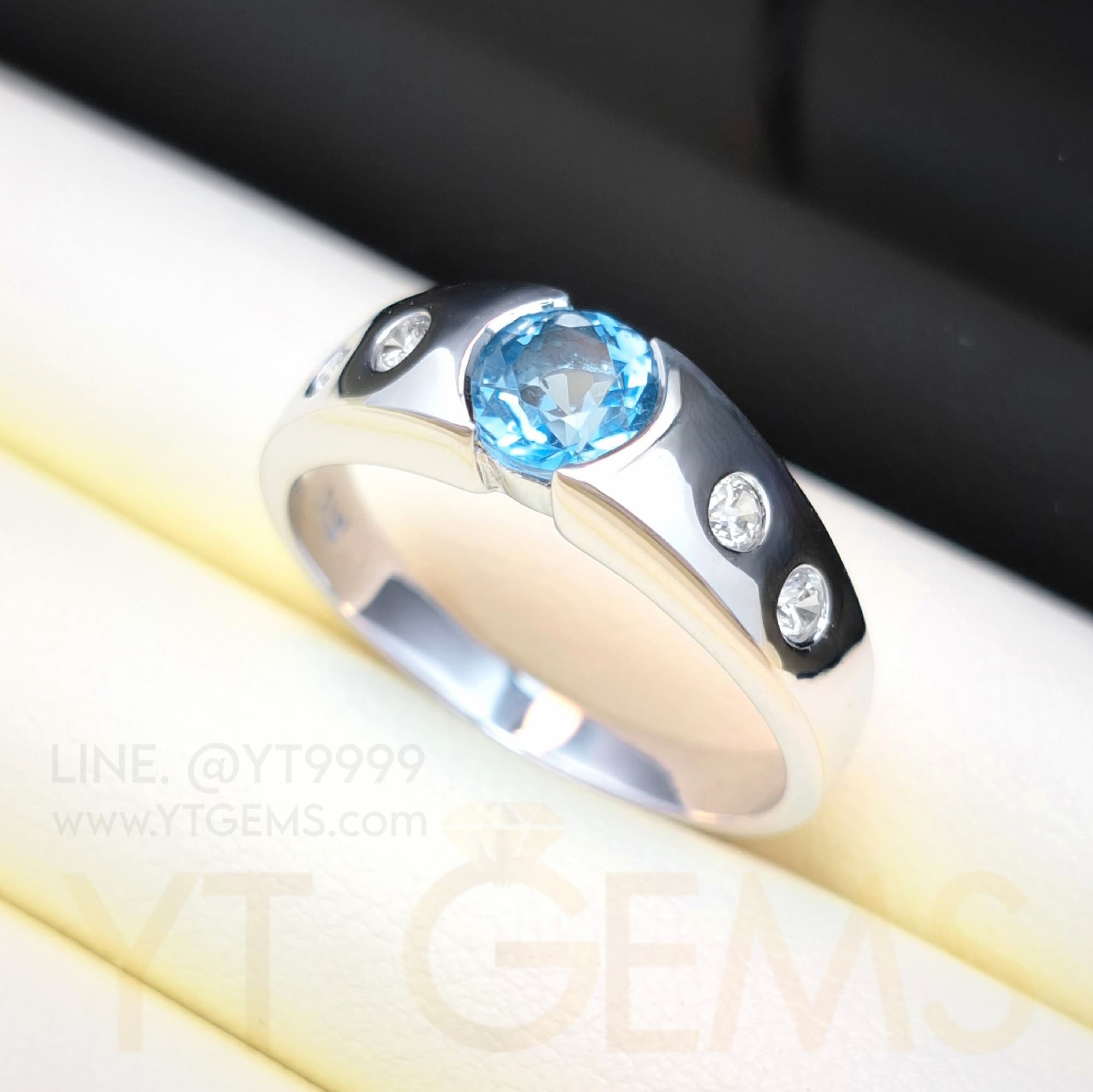 แหวนปลอกมีด สวิสบลูโทแพซ แหวนเงินแท้ ชุบทองคำขาว พลอยแท้ YTG-11840 YTGEMS