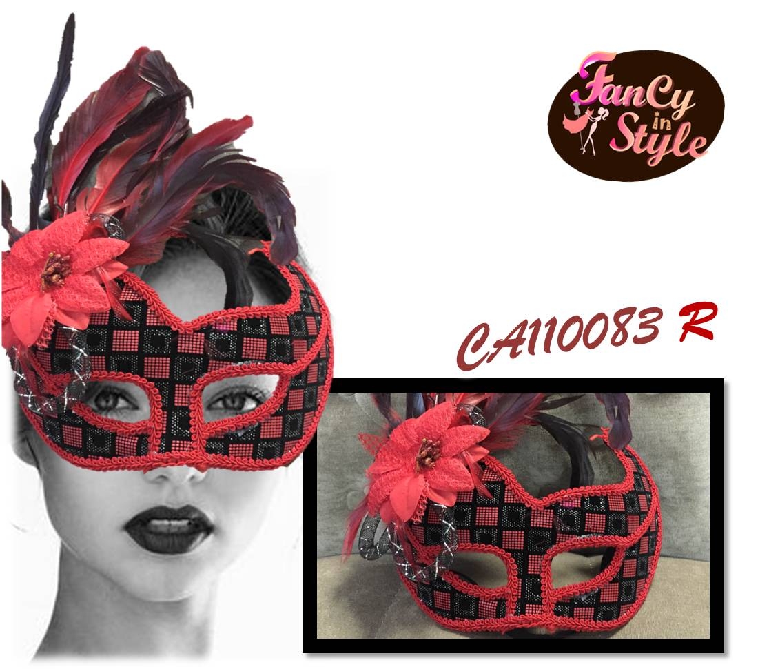 Fancy Mask/หน้ากากแฟนซีแต่งดอกไม้และขนนกขนาดใหญ่สีแดง-ดำ
