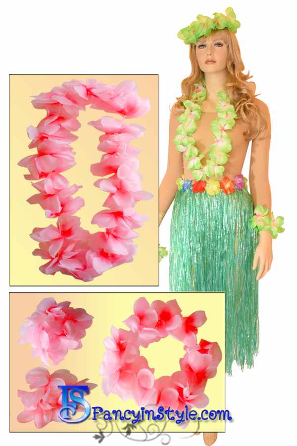 Hawaiian Costume Set/ เซ็ทพวงมาลัยดอกไม้ 4 ชิ้นสีชมพู