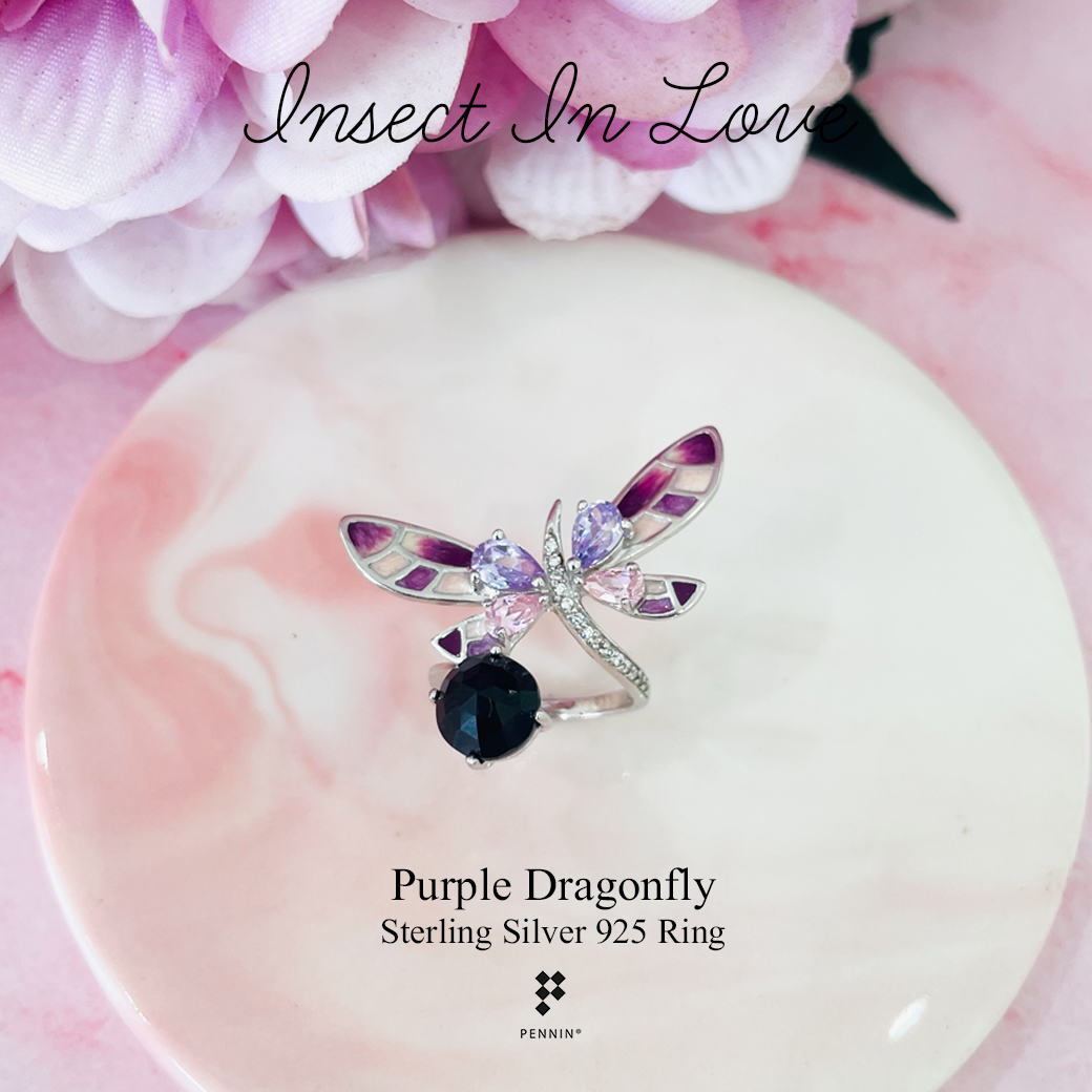 Insect In Love แหวนแมลงปอปีกสีม่วง พลอยนิล อเมทิสต์ พิ้งค์ ทัวร์มารีน ลงยาสี Enamel เงินแท้ชุบทองคำขาว