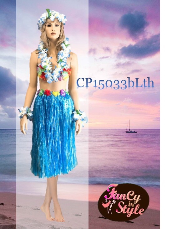 International Costume/กระโปรงฮาวายแบบหนาฟ้า ยาว 30 นิ้วรวมsetมาลัยดอกไม้