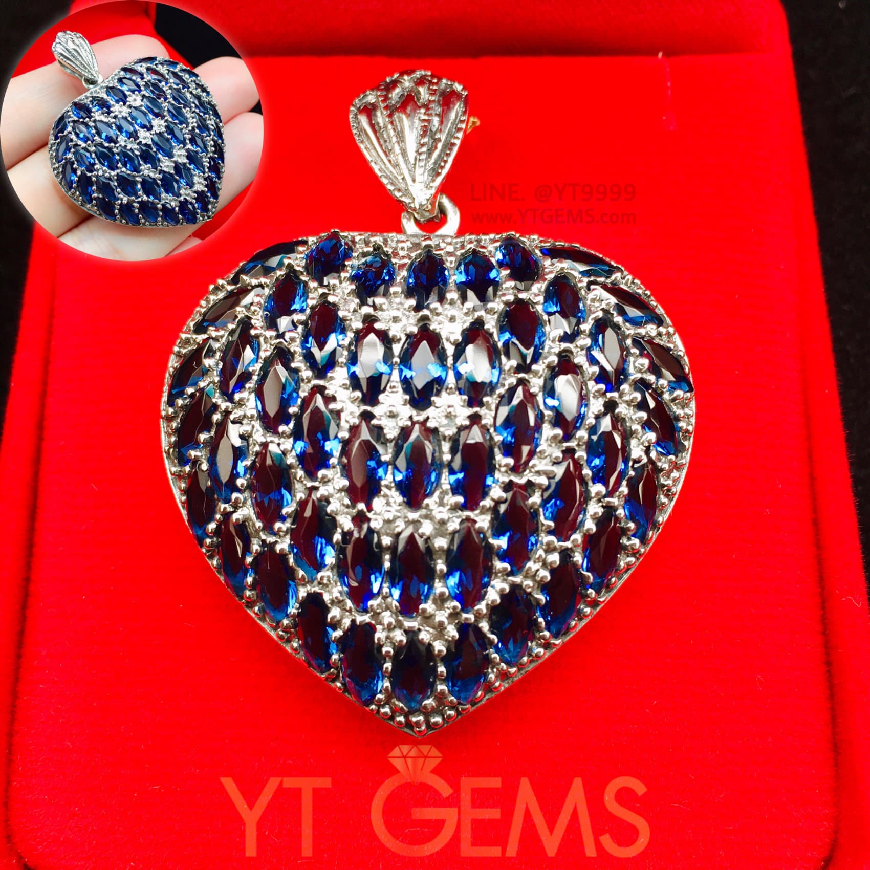 จี้หัวใจ ไพลิน จี้เงินแท้ รมดำ พลอยไพลิน (CZ) YTG-9214 YTGEMS