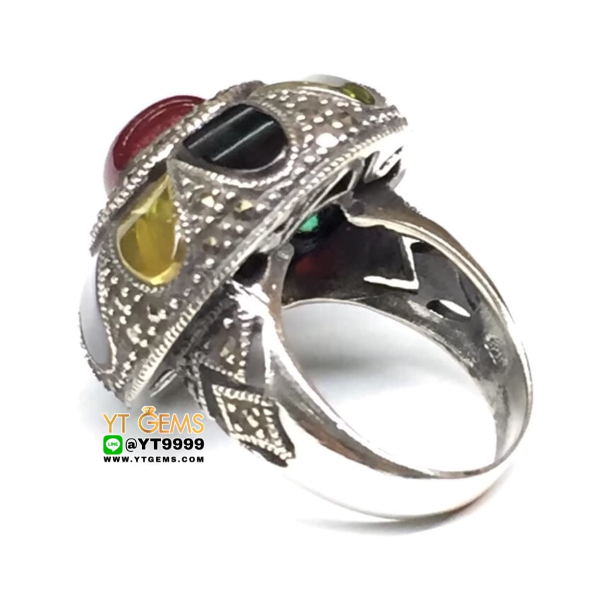 แหวนนพเก้า พลอยหลากสี แหวนเงินแท้ รมดำ พลอยหลากสี (CZ) YTG-4484 YTGEMS