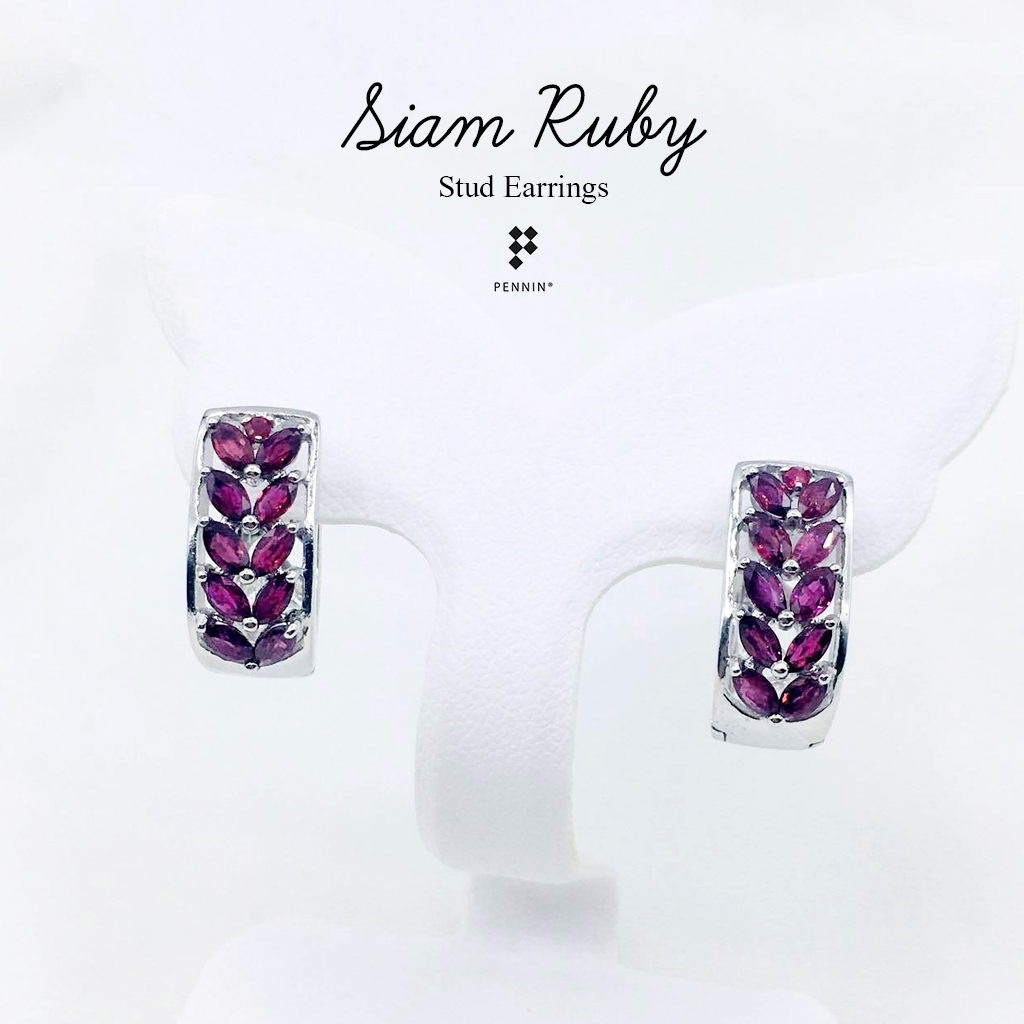 ต่างหูคลิปทับทิมสยาม ใบมะกอก Olive Leaf Ruby Earrings เงินแท้ 92.5% ชุบทองคำขาว