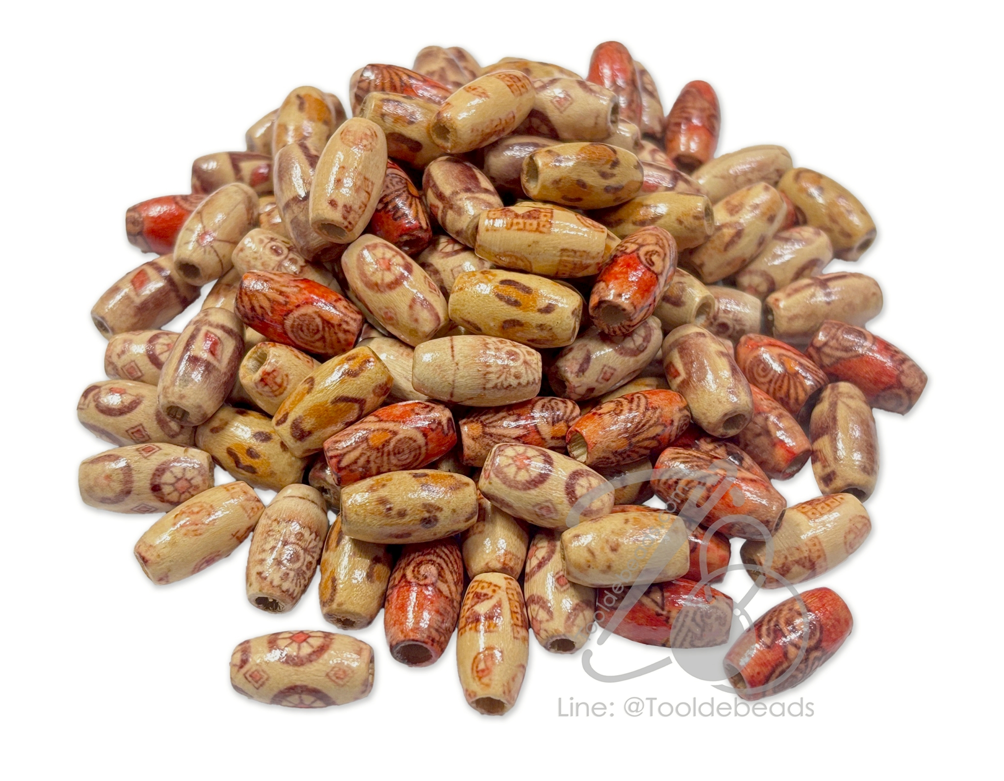 ลูกปัดไม้ 8*15มม. เพนท์ลาย ทรงรี (80 กรัม) SKU-18349
