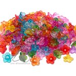 ลูกปัดอะคริลิค 12*7มม. ตัวครอบดอกไม้ ลายดอกพิกุล คละสีใส (50 กรัม) SKU-11981