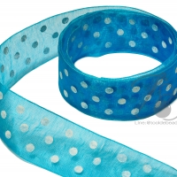 ริบบิ้นแก้ว 25มม. ลายจุดขาว สีฟ้า (1 หลา)