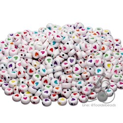 ลูกปัดอะคริลิค 4*7มม. กลมแบนเพ้นท์หัวใจ พื้นขาว เพ้นท์สี (500 กรัม) SKU-12815