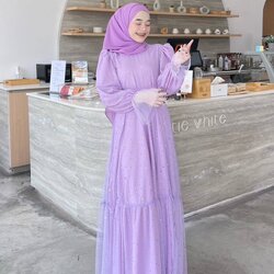 เดรสยาว แต่งผ้ามุ้งวิ้งๆ ชุดเดรสมุสลิม เดรสอิสลาม ชุดเดรสใส่รายอ ผ้าไหมอิตาลีแต่งมุ้งวิ้งๆ ขนาดฟรีไซส์อก 32-40ใส่ได้