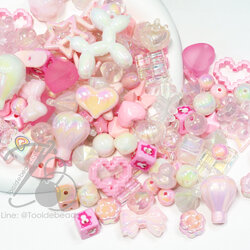 ลูกปัดอะคริลิค เคลือบรุ้ง คละลาย (High Quality) สีชมพู (100 กรัม) SKU-16632