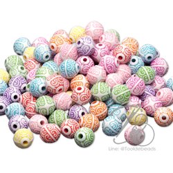 ลูกปัดอะคริลิค 12มม. ลายกลม พื้นขาว เพ้นท์สี (500 กรัม) SKU-11001