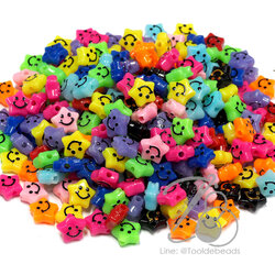 ลูกปัดอะคริลิค 10มม. ลายหน้ายิ้มดาว คละสี (15 กรัม) SKU-13892