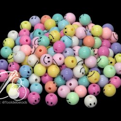 ลูกปัดอะคริลิค 10มม. ลายหน้ายิ้มกลม คละสีหวาน (50 กรัม) SKU-12733