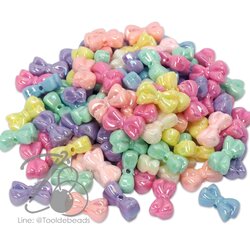 ลูกปัดพลาสติก เคลือบรุ้งพาสเทล 10*18มม. ลายโบว์ คละสี (500 กรัม) SKU-12250