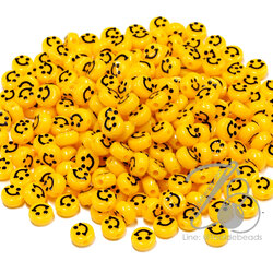 ลูกปัดอะคริลิค 10มม. ลายหน้ายิ้มเนื้อเงา สีเหลืองเข้ม (15 กรัม) SKU-13898