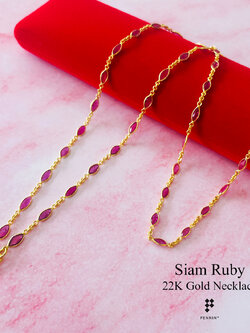 สร้อยคอทองคำแท้ผ่าหวาย ทับทิมสยามรูปมาคี 7x3mm งานขึ้นมือทอง 90 นน.เกือบ 3 สลึง ยาว 25 นิ้ว