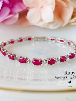 สร้อยข้อมือทับทิม แอฟริกา เผาใหม่ 6x4mm คั่นโบว์เงินเล็ก แบบสวยหวานน่ารัก ความยาว 18 cm เงินแท้ชุบทองคำขาว