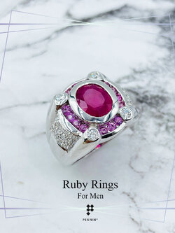 แหวนทับทิมสำหรับผู้ชาย ทับทิมแอฟริกา เผาใหม่ เพชรสวิส CZ เรียงแถวบ่าข้าง ล้อมด้วยทับทิมสยาม เงินแท้ชุบทองคำขาว สวย เท่ เสริมพลังอำนาจ โชคลาภ