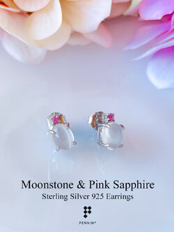 ต่างหูมุกดาหารตาแมว (Cat's Eye Moonstone) แซมยอด Pink Sapphire สวยหวาน เงินแท้ 925 ชุบทองคำขาว