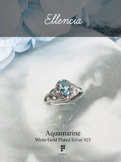 ELLENCIA: อควอมารีน (Aquamarine) 7x5mm 0.57ct ล้อมเพทายขาว ดีไซน์แนววินเทจ เงินแท้ชุบทองคำขาว