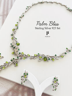 Palm Bliss: ใบลานแห่งความสุข ความสำเร็จ ชุดสร้อยคอ ต่างหู แหวน ประดับพลอยเพอริดอท โครมไดออฟไซด์ เงินแท้ 925 ชุบทองขาว