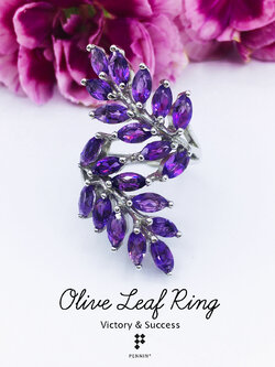 แหวนใบมะกอกอเมทิสต์ ช่อ 10 ใบ เงินแท้ชุบทองขาว นำชัยชนะ โชคลาภ ความสุขสมบูรณ์