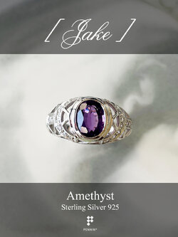 JAKE: แหวนพลอยผู้ชาย อเมทิสต์ เงินแท้ 925 ชุบทองคำขาว แซมเพชรสวิส CZ ลวดลายโครงเหล็ก รูปตัว Y