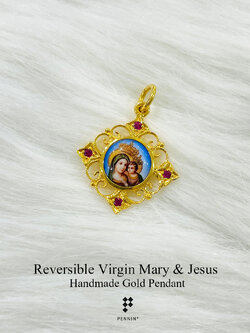 จี้แม่พระกรอบทองกระเบื้องเคลือบอิตาลี แซมทับทิมแท้ รูปแม่พระ และพระเยซู งานขึ้นมือทอง 90