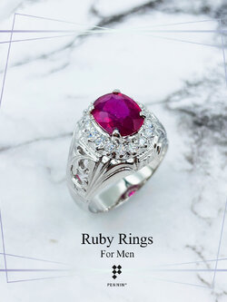 แหวนทับทิมสำหรับผู้ชาย ทับทิมแอฟริกา เผาใหม่ ล้อมด้วยเพชรสวิส CZ เงินแท้ชุบทองคำขาว ฉลุลายใบไม้ สวย เท่ เสริมพลังอำนาจ โชคลาภ