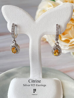 ต่างหูคลิปหางกระรอก เพชรแถวสวิส CZ ห้อยพลอยซิทริน Citrine 6x4mm ล้อมเพชรสวิส CZ เงินแท้ชุบทองคำขาว แบบสวยหรู