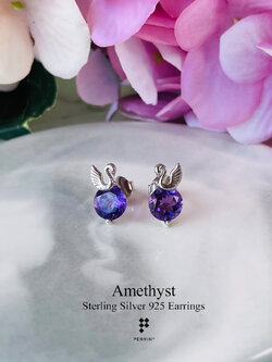 ต่างหูรูปหงส์พลอยอเมทิสต์ (Amethyst) กลมเม็ดเดี่ยว 7mm สีม่วงหวาน เสริมความรัก สุขภาพ