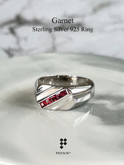 KARL: แหวนพลอยผู้ชาย โกเมน เงินแท้ 925 ชุบทองคำขาว หน้าสี่เหลี่ยมพลอยเฉียง ให้ลุคเท่ ทันสมัย