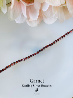 สร้อยข้อมือโกเมน กลม 3 mm แบบหนามเตย เรียงแถวยาว แบบเรียบ เก๋ ความยาว 15 cm เงินแท้ชุบทองคำขาว