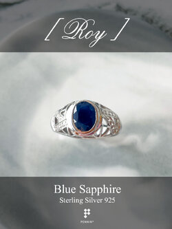 ROY: แหวนพลอยผู้ชาย ไพลิน เงินแท้ 925 ชุบทองคำขาว แซมเพชรสวิส CZ ลวดลายโครงเหล็กรูปสามเหลี่ยม