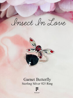Insect In Love แหวนผีเสื้อปีกสีแดง พลอยโกเมน ลงยาสี Enamel เงินแท้ชุบทองคำขาว