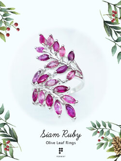 แหวนใบมะกอกทับทิมสยามมาคี ช่อ 10 ใบ ฝังเตย เงินแท้ 925 ชุบทองขาว นำชัยชนะ โชคลาภ ความสุขสมบูรณ์