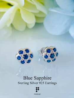 ต่างหูดอกโบตั๋นฝังหุ้ม ไพลิน มาดากัสการ์ เผาเก่า เงินแท้ 925 ชุบทองคำขาว เสริมโชคลาภร่ำรวย