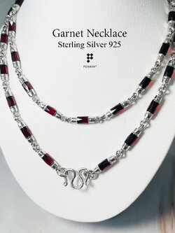 สร้อยคอโกเมนปล้อง 9 มิล 35 เม็ด เงินแท้ชุบทองคำขาว ยาว 24 นิ้ว งานช่างขึ้นมือ